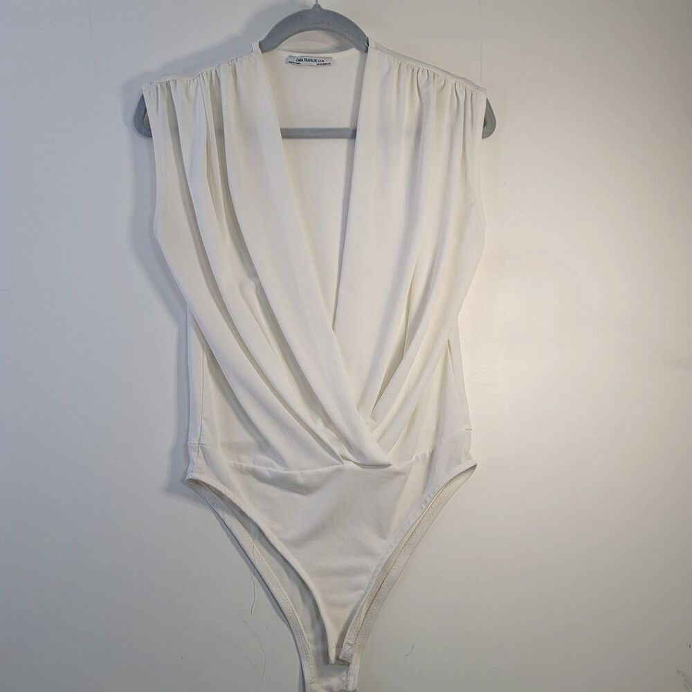 Zara Trafaluc Ivory Draped Wrap Bodysuit Stretch V-Neck Minimalist Med